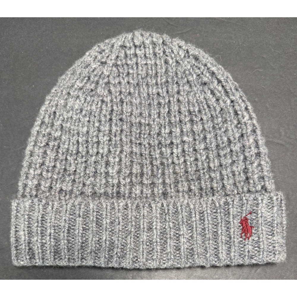 Polo Ralph Lauren Beanie Mens OS Grey Lambswool Blend Ribbed Knit Red Pony Logo